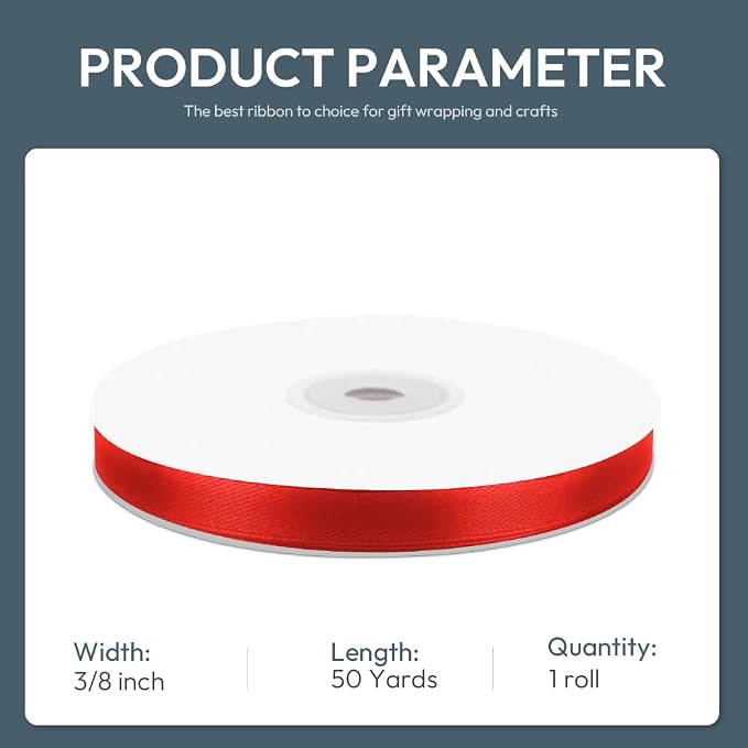 KMER LIFE 3/8" Wide x 50 Yards Red Single Faced Polyester Satin Ribbon - Image 2