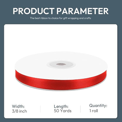 KMER LIFE 3/8" Wide x 50 Yards Red Single Faced Polyester Satin Ribbon - Image 2