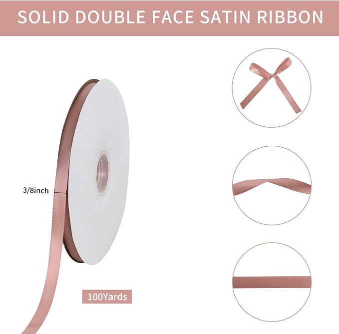 TONIFUL 3/8 in x 100yds Rose Gold Satin Ribbon Thin Solid Fabric Ribbons Roll - Image 2