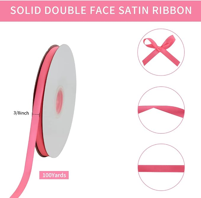TONIFUL 3/8 in x 100yds Passion Pink Hot Pink Satin Ribbon Thin Solid Fabric - Image 2