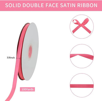 TONIFUL 3/8 in x 100yds Passion Pink Hot Pink Satin Ribbon Thin Solid Fabric - Image 2