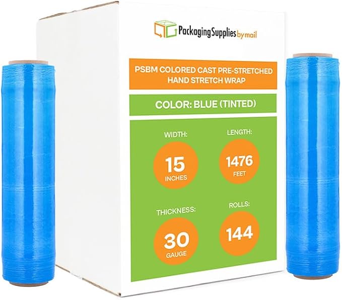 PSBM Blue Stretch Wrap, 15 Inch x 1476 Feet, 144 Pack, Tinted Pre-Stretched by PackagingSuppliesbymail