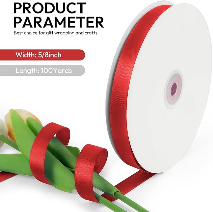 5/8 Inch 100 Yards Satin Ribbon Red, Solid Color Fabric Ribbon - Image 2