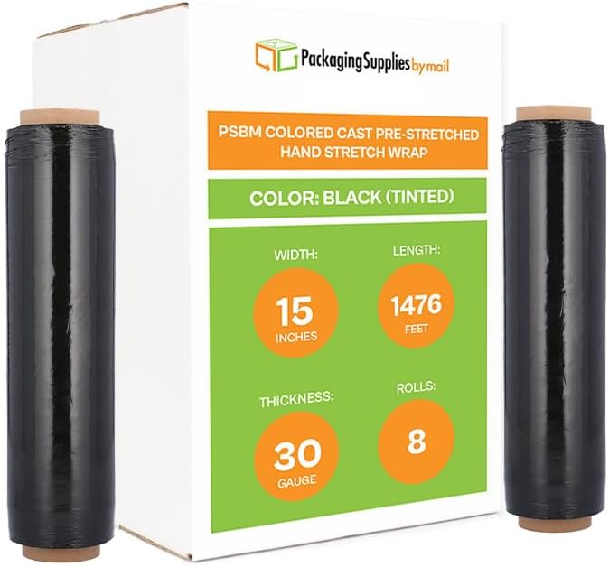 PSBM Black Stretch Wrap, 15 Inch x 1476 Feet, 8 Pack, Tinted Pre-Stretched by PackagingSuppliesbymail