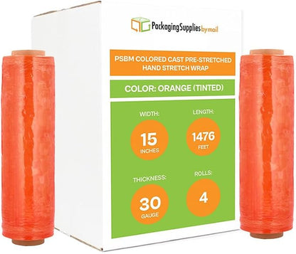 PSBM Orange Stretch Wrap, 15 Inch x 1476 Feet, 4 Pack, Tinted Pre-Stretched by PackagingSuppliesbymail