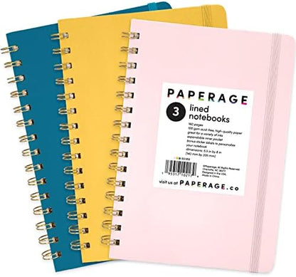 PAPERAGE Lined Spiral Journal Notebook, 3 Pack, 160 Pages, Medium 5.5 inches x by PAPERAGE