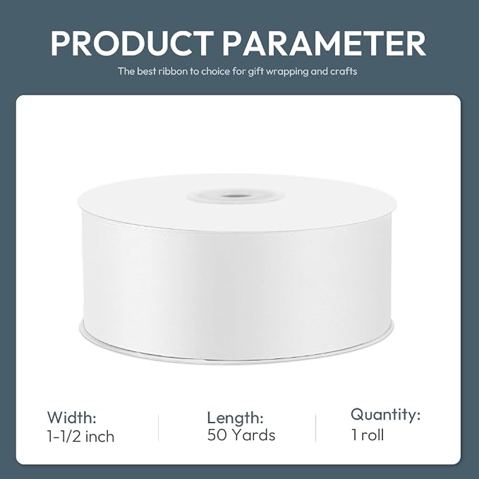 KMER LIFE 1-1/2" Wide x 50 Yards White Single Faced Polyester Satin Ribbon - Image 2