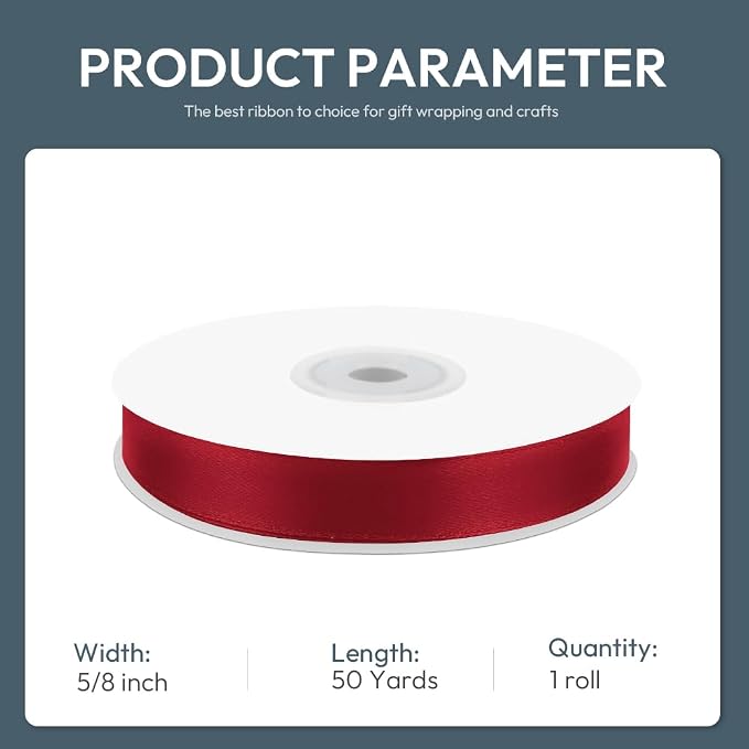 KMER LIFE 5/8" Wide x 50 Yards Wine Red Single Faced Polyester Satin Ribbon - Image 2
