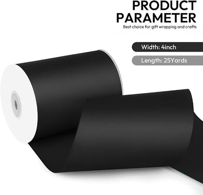 4 Inch 25 Yard Wide Satin Ribbon Black, Solid Fabric Large Ribbon Roll - Image 2