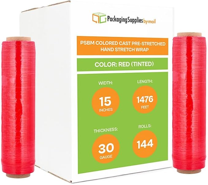 PSBM Red Stretch Wrap, 15 Inch x 1476 Feet, 144 Pack, Tinted Pre-Stretched by PackagingSuppliesbymail