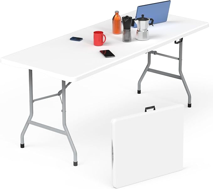 Folding Table 6ft, Foldable Portable Heavy Duty Plastic Fold-in-Half Utility by HLPB