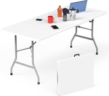 Folding Table 6ft, Foldable Portable Heavy Duty Plastic Fold-in-Half Utility by HLPB
