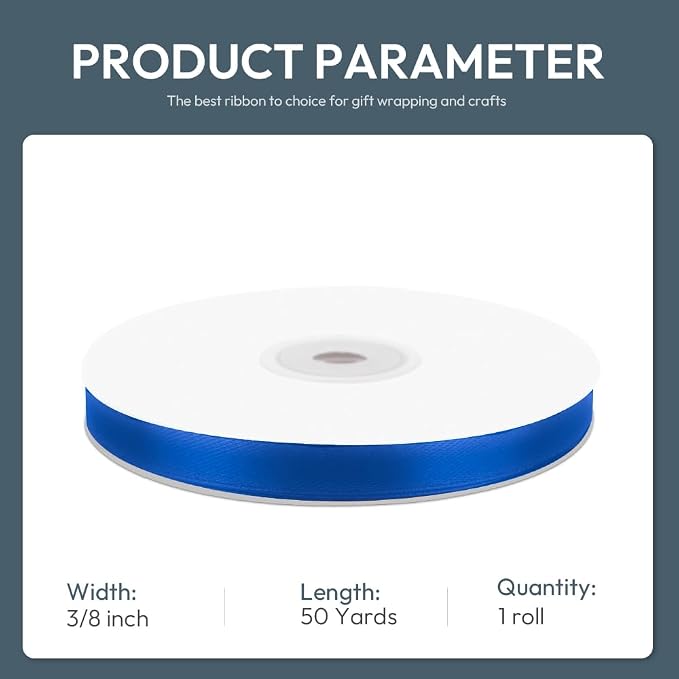 KMER LIFE 3/8" Wide x 50 Yards Royal Blue Single Faced Polyester Satin Ribbon - Image 2