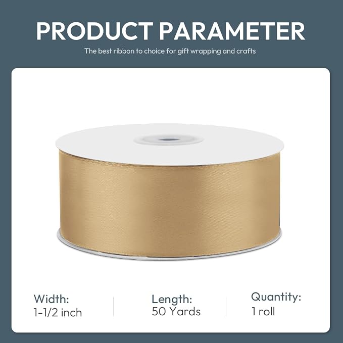 1-1/2" Wide x 50 Yards Champagne Gold Single Faced Polyester Satin Ribbon - Image 2