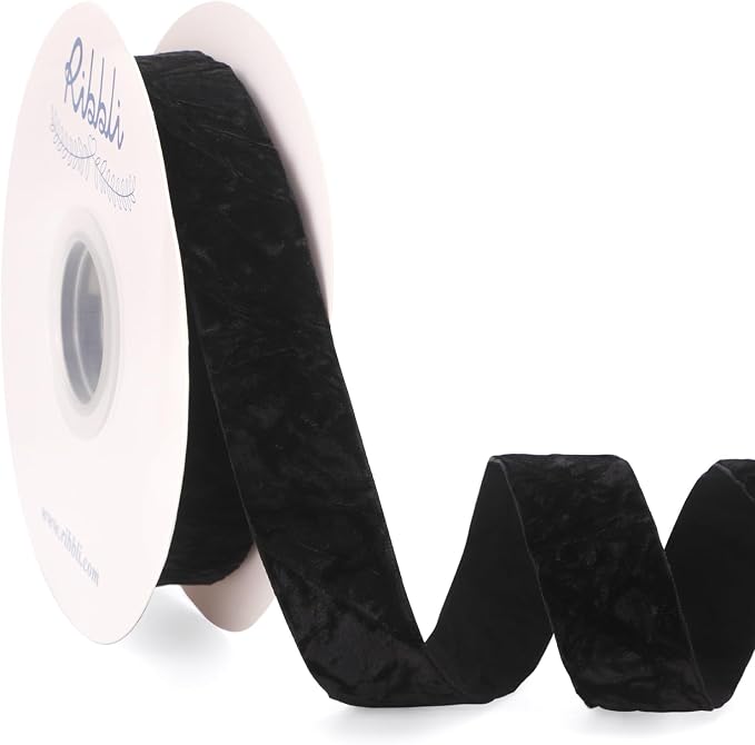 Ribbli Black Velvet Ribbon 1 Inches Luxury Crinkled Black Christmas Ribbon by Ribbli