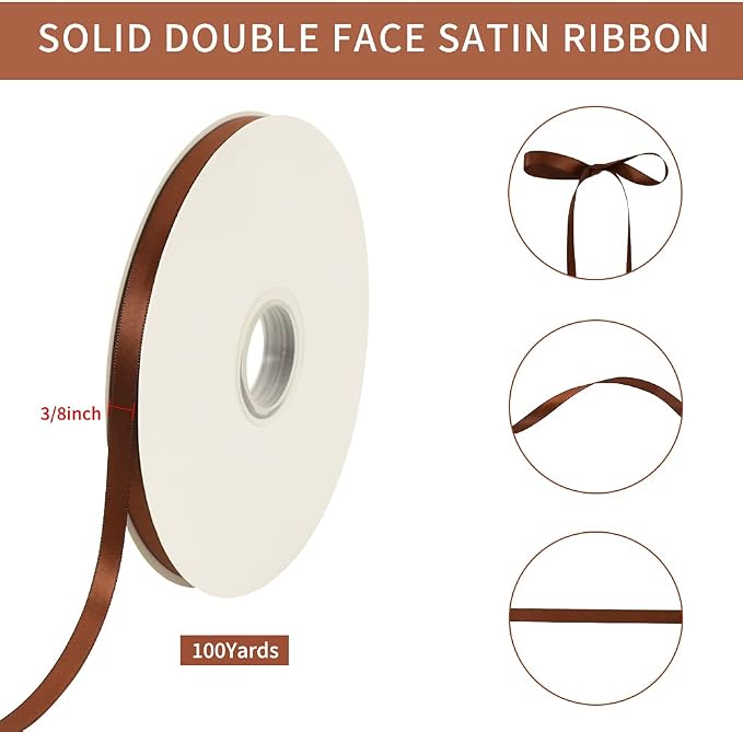 TONIFUL 3/8 Inch x 100yds Coffee Brown Color Satin Ribbon Thin Solid Fabric - Image 2