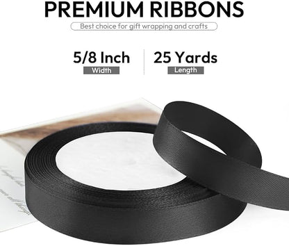 5/8 Inch 25 Yards Satin Ribbon Black, Solid Color Fabric Ribbon - Image 2
