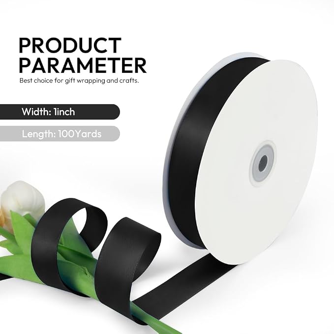 1 Inch 100 Yards Satin Ribbon Black, Solid Color Fabric Ribbon - Image 2
