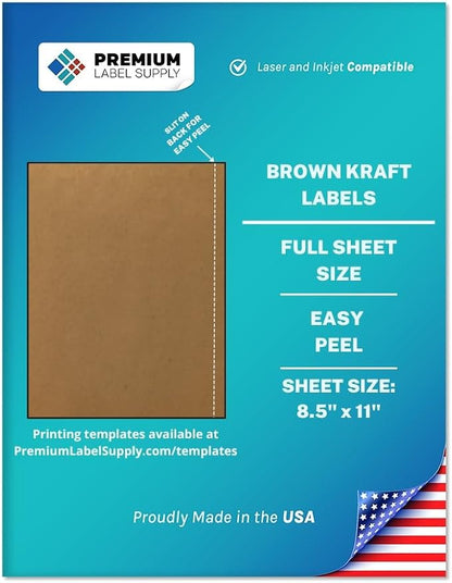 Premium Label Supply Brown Kraft Full Sheet Sticker Labels – 8.5" x 11" – by PremiumLabelSupply