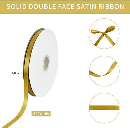 TONIFUL 3/8 Inch x 100yds Dark Gold Satin Ribbon Thin Solid Fabric Ribbons Roll - Image 2
