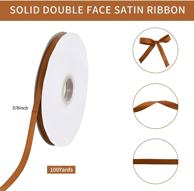 TONIFUL 3/8 Inch x 100yds Copper Brown Satin Ribbon Thin Solid Fabric Ribbons - Image 2
