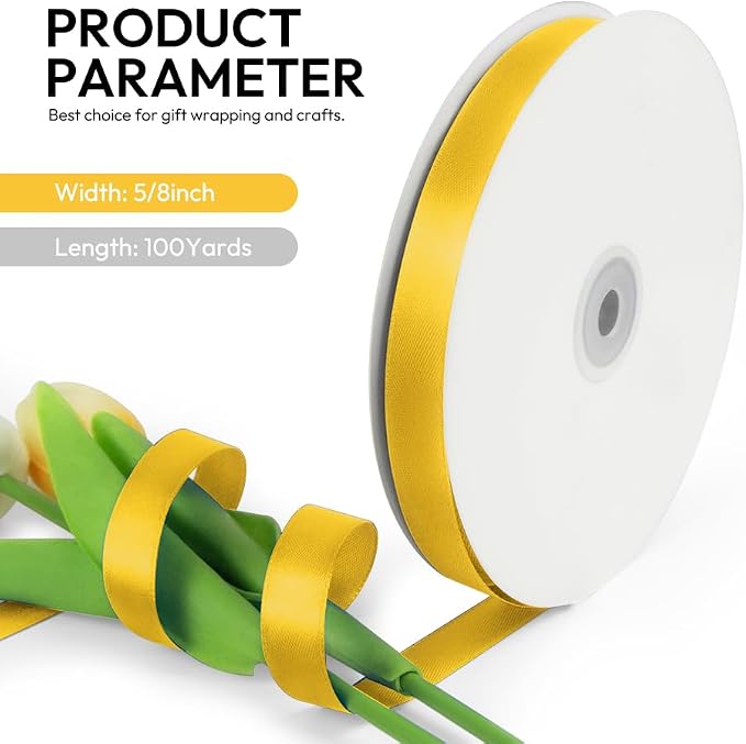 5/8 Inch 100 Yards Satin Ribbon Yellow, Solid Color Fabric Ribbon - Image 2