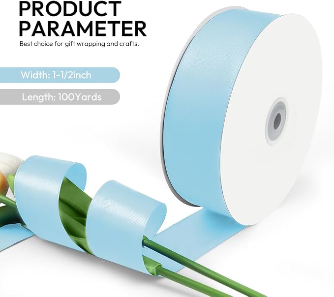 1-1/2 Inch 100 Yards Satin Ribbon Light Blue, Solid Color Fabric Ribbon - Image 2