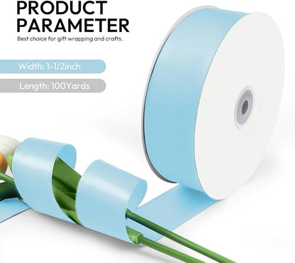 1-1/2 Inch 100 Yards Satin Ribbon Light Blue, Solid Color Fabric Ribbon - Image 2