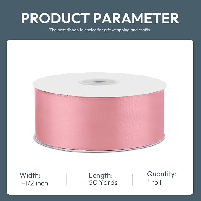 KMER LIFE 1-1/2" Wide x 50 Yards Pink Single Faced Polyester Satin Ribbon - Image 2