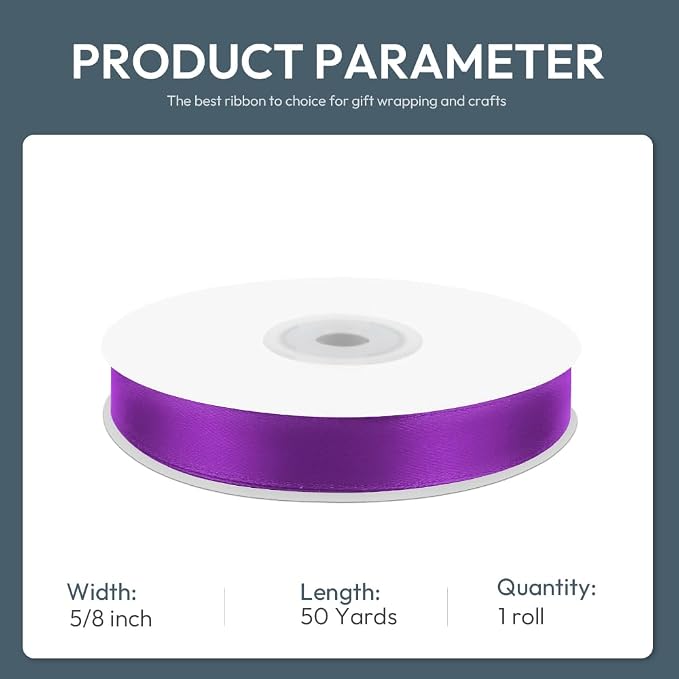KMER LIFE 5/8" Wide x 50 Yards Purple Single Faced Polyester Satin Ribbon - Image 2