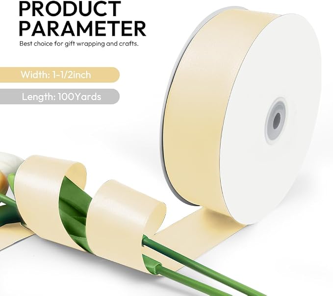 1-1/2 Inch 100 Yards Satin Ribbon Ivory, Solid Color Fabric Ribbon - Image 2