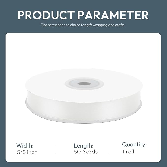 KMER LIFE 5/8" Wide x 50 Yards White Single Faced Polyester Satin Ribbon - Image 2