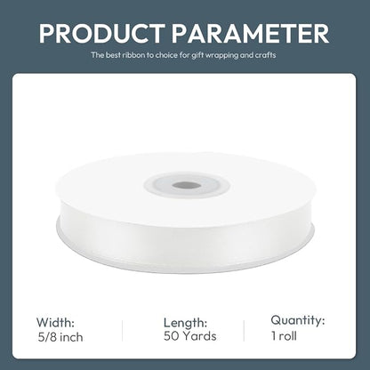 KMER LIFE 5/8" Wide x 50 Yards White Single Faced Polyester Satin Ribbon - Image 2