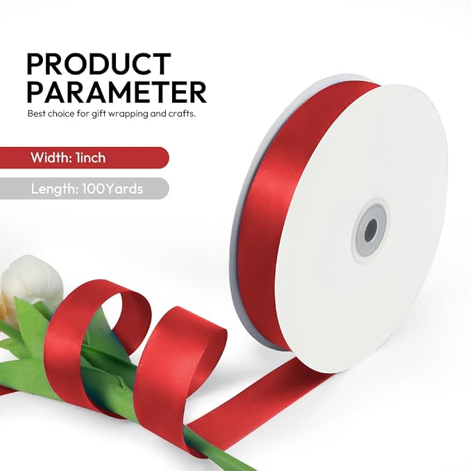 1 Inch 100 Yards Satin Ribbon Red, Solid Color Fabric Ribbon - Image 2