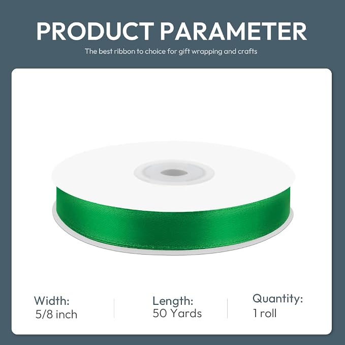 KMER LIFE 5/8" Wide x 50 Yards Green Polyester Satin Ribbon - Image 2