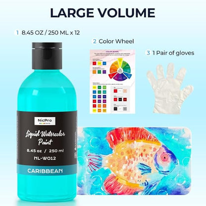 Nicpro 12 Colors Liquid Watercolor Paint Set, 8.45oz Large Bulk Liquid - Image 3