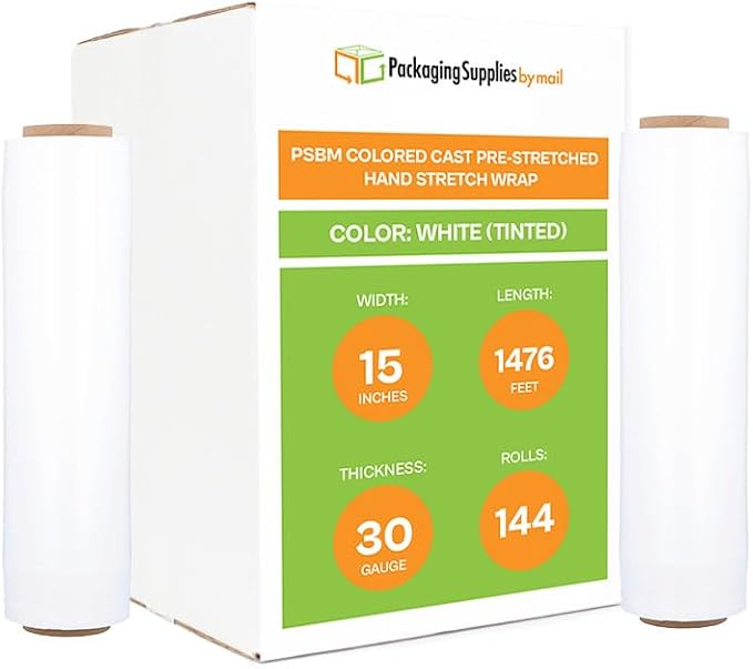 PSBM White Stretch Wrap, 15 Inch x 1476 Feet, 144 Pack, Tinted Pre-Stretched by PackagingSuppliesbymail