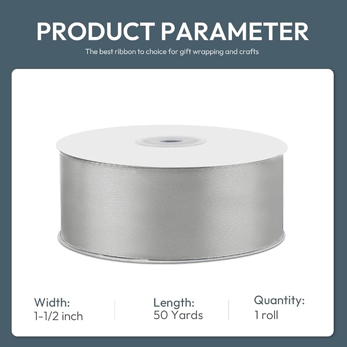 KMER LIFE 1-1/2" Wide x 50 Yards Silvery Single Faced Polyester Satin Ribbon - Image 2