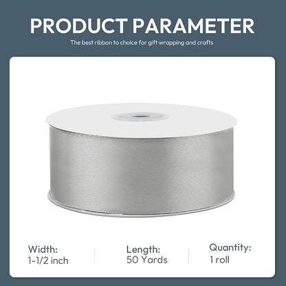 KMER LIFE 1-1/2" Wide x 50 Yards Silvery Single Faced Polyester Satin Ribbon - Image 2