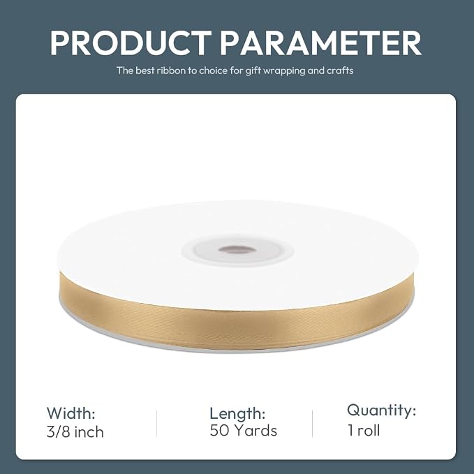 3/8" Wide x 50 Yards Champagne Gold Single Faced Polyester Satin Ribbon - Image 2