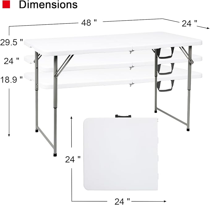 48" W x 24" D x 29.5" H - 4FT Adjustable Height Heavy Duty Plastic Fold-in-Half - Image 2
