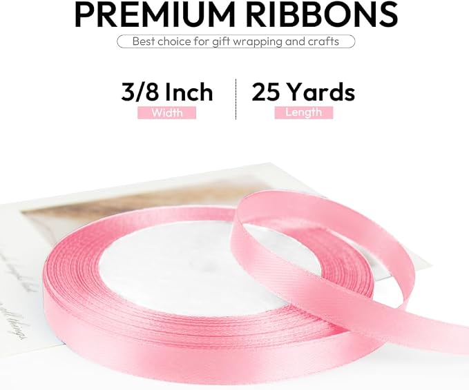 3/8 Inch 25 Yards Satin Ribbon Light Pink, Solid Color Fabric Ribbon - Image 2