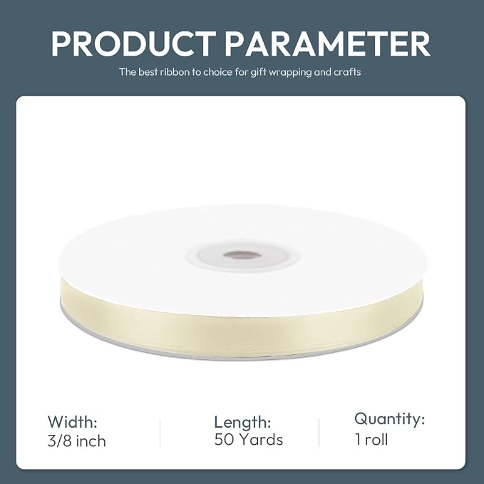 KMER LIFE 3/8/ Wide x 50 Yards Ivory Single Faced Polyester Satin Ribbon - Image 2