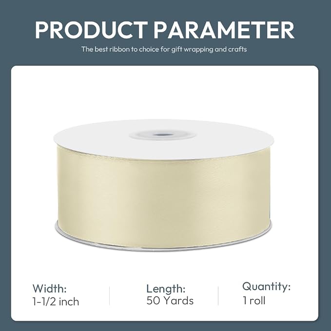 KMER LIFE 1-1/2" Wide x 50 Yards Ivory Single Faced Polyester Satin Ribbon - Image 2