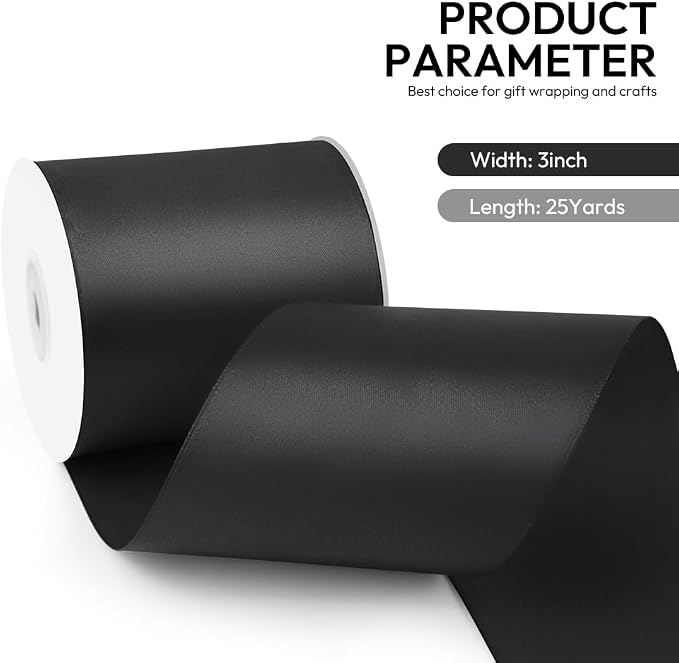 3 Inch 25 Yard Wide Satin Ribbon Black, Solid Fabric Large Ribbon Roll - Image 2