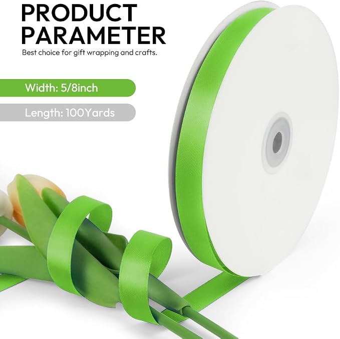 5/8 Inch 100 Yards Satin Ribbon Apple Green, Solid Color Fabric Ribbon - Image 2