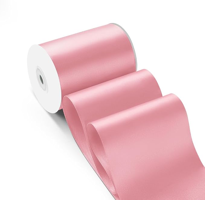 4 Inch 25 Yard Wide Satin Ribbon Pink, Solid Fabric Large Ribbon Roll by HimBen