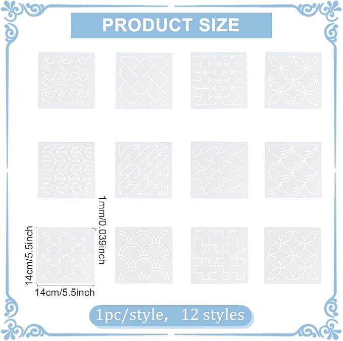 FREEBLOSS 12Pcs Sashiko Stencils Sashiko Embroidery PET Template Drawing Line - Image 3