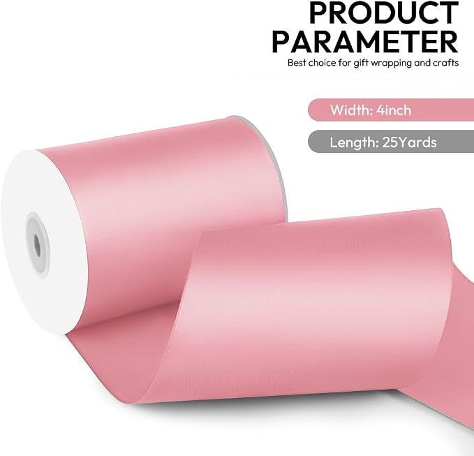 4 Inch 25 Yard Wide Satin Ribbon Pink, Solid Fabric Large Ribbon Roll - Image 2