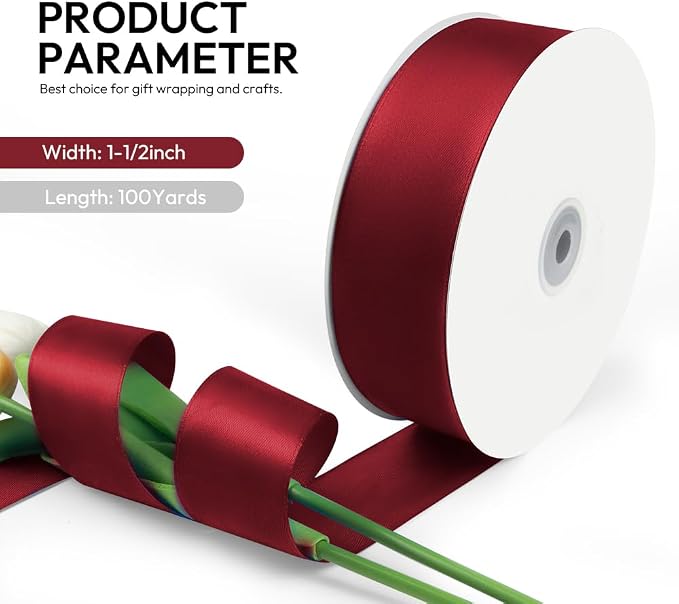 1-1/2 Inch 100 Yards Satin Ribbon Wine Red, Solid Color Fabric Ribbon - Image 2